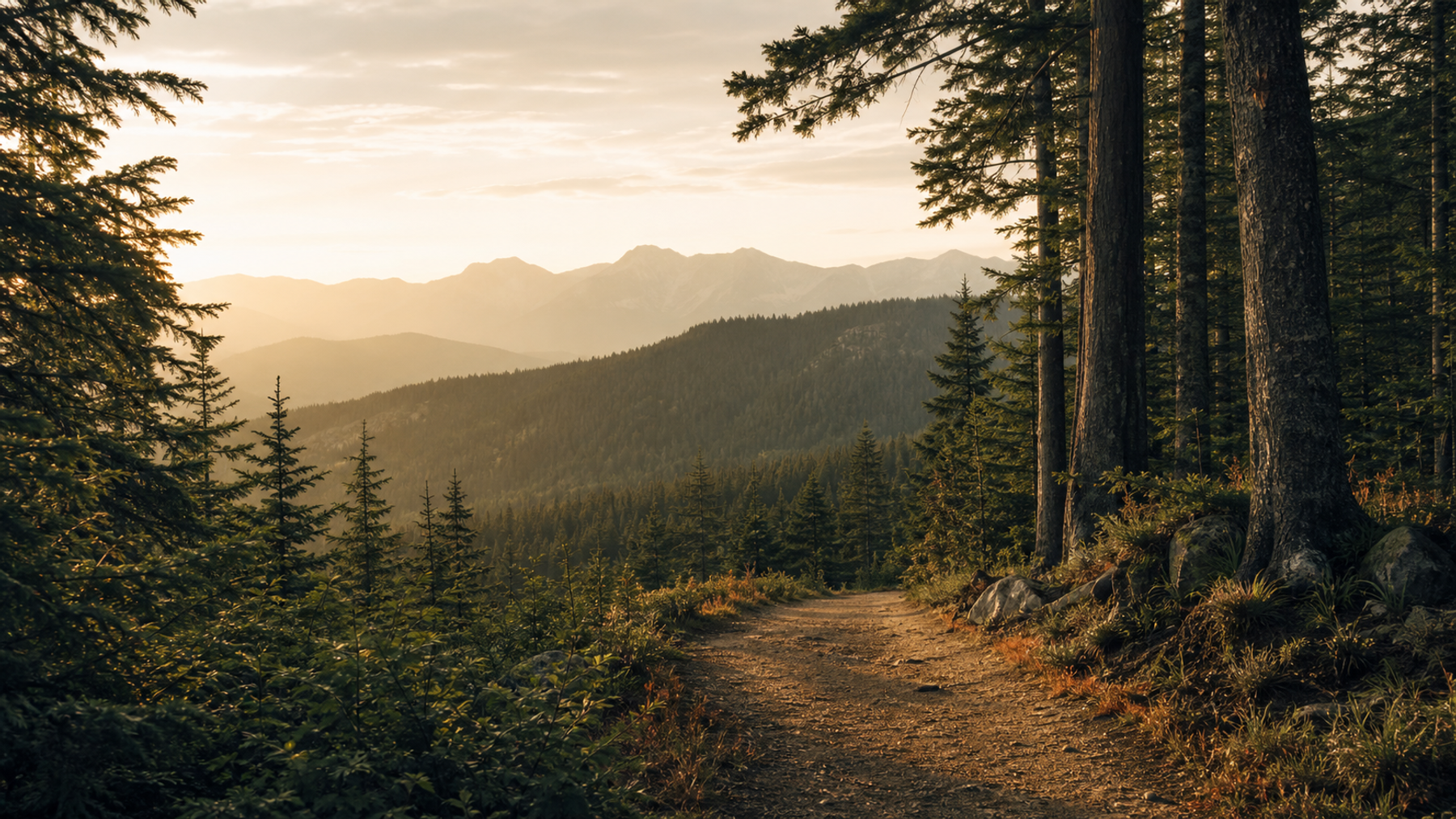 Empty forest trail opening toward distant mountains in warm evening light.