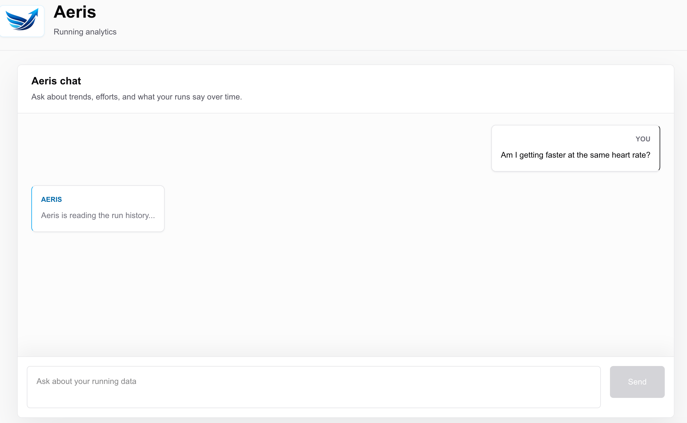 Aeris chat screen reading the run history after a user asks about heart-rate trends.