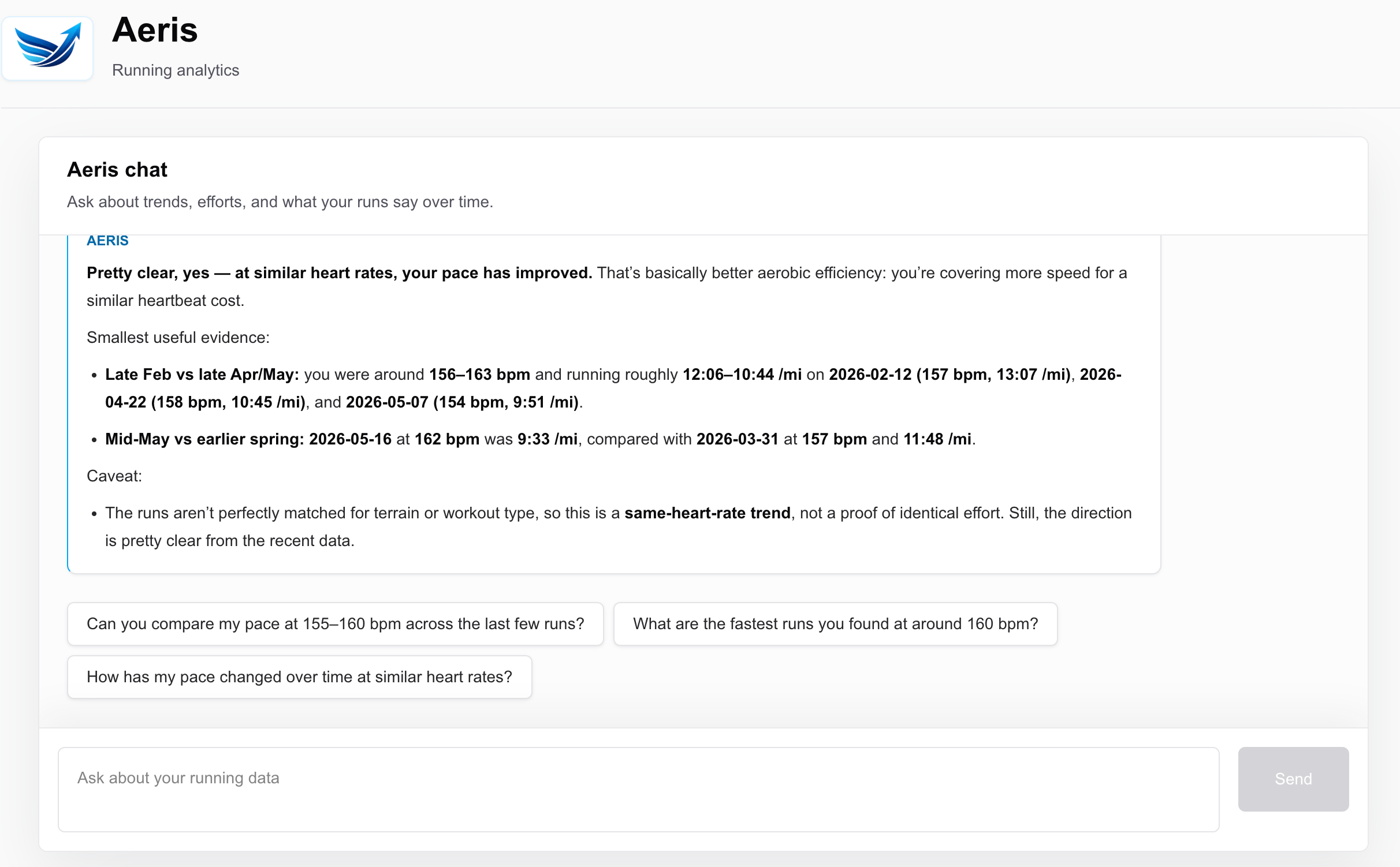 Aeris chat response explaining pace improvement at similar heart rates.