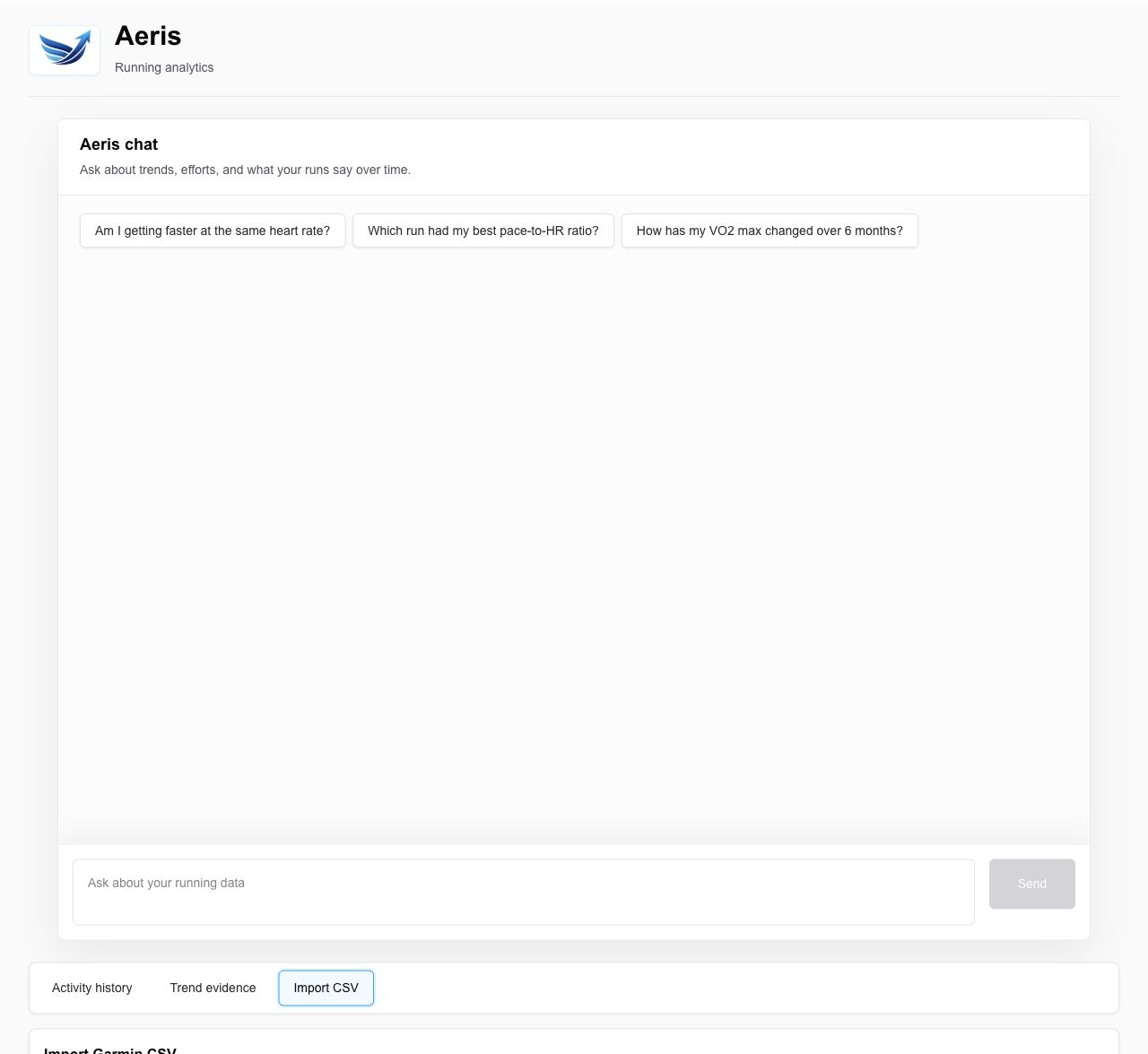 Aeris import CSV screen for Garmin activity uploads.