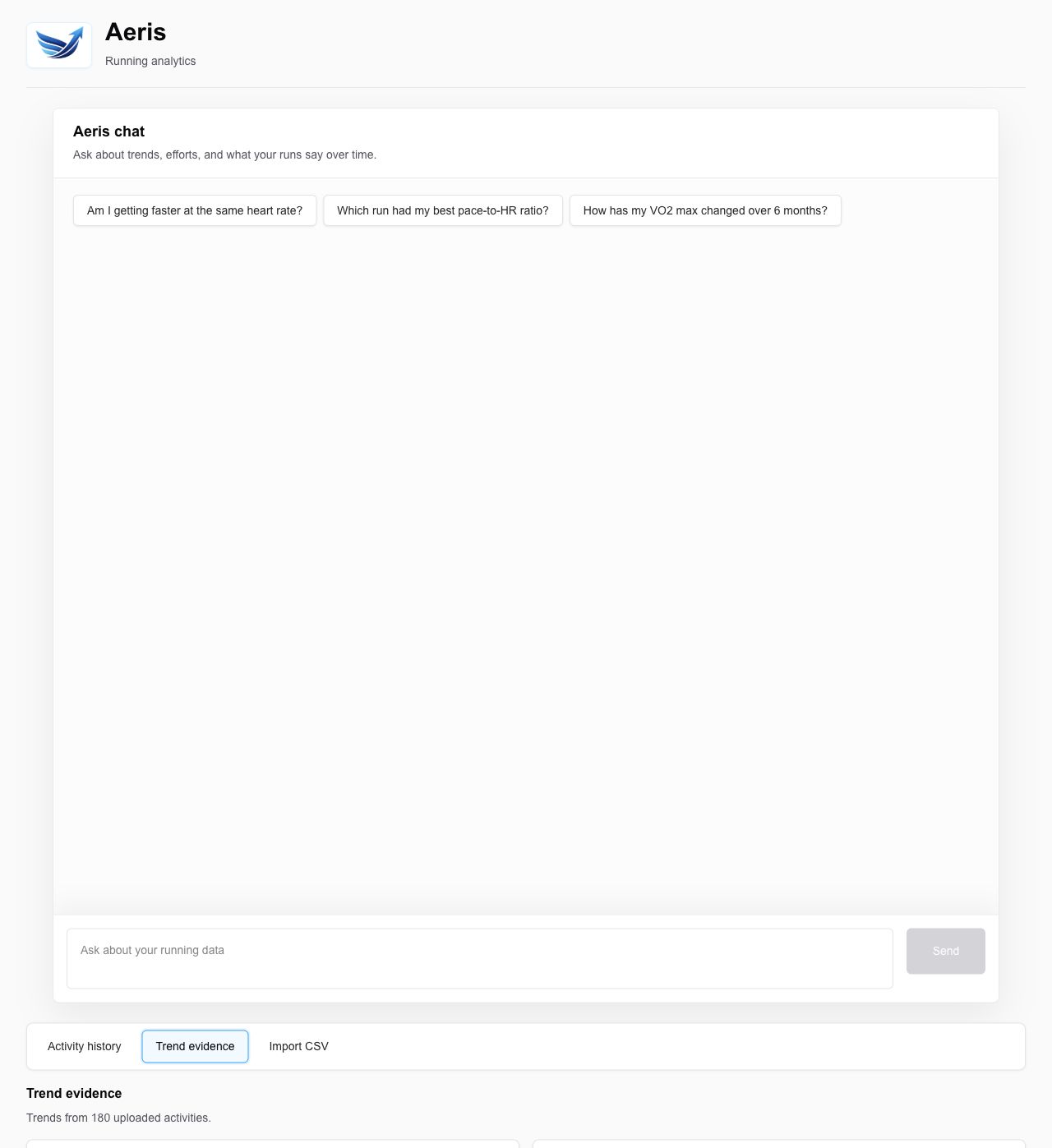 Aeris trend evidence screen for running analytics.