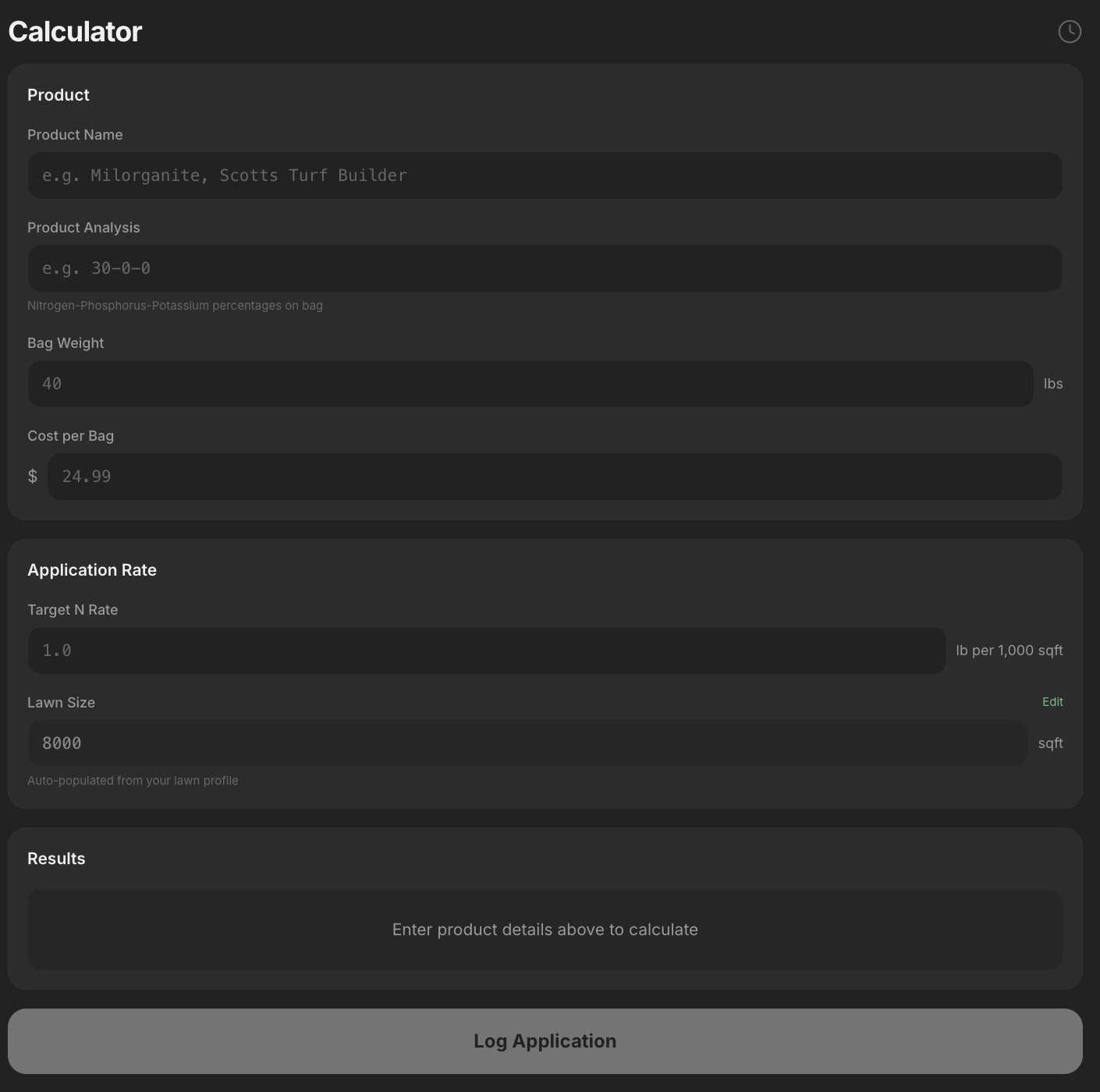 SoilOS product and application-rate calculator screen.