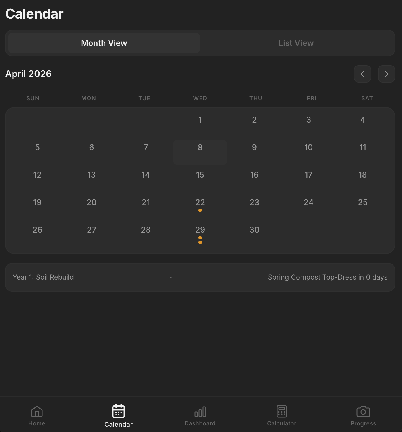 SoilOS monthly calendar view with scheduled lawn-care tasks.